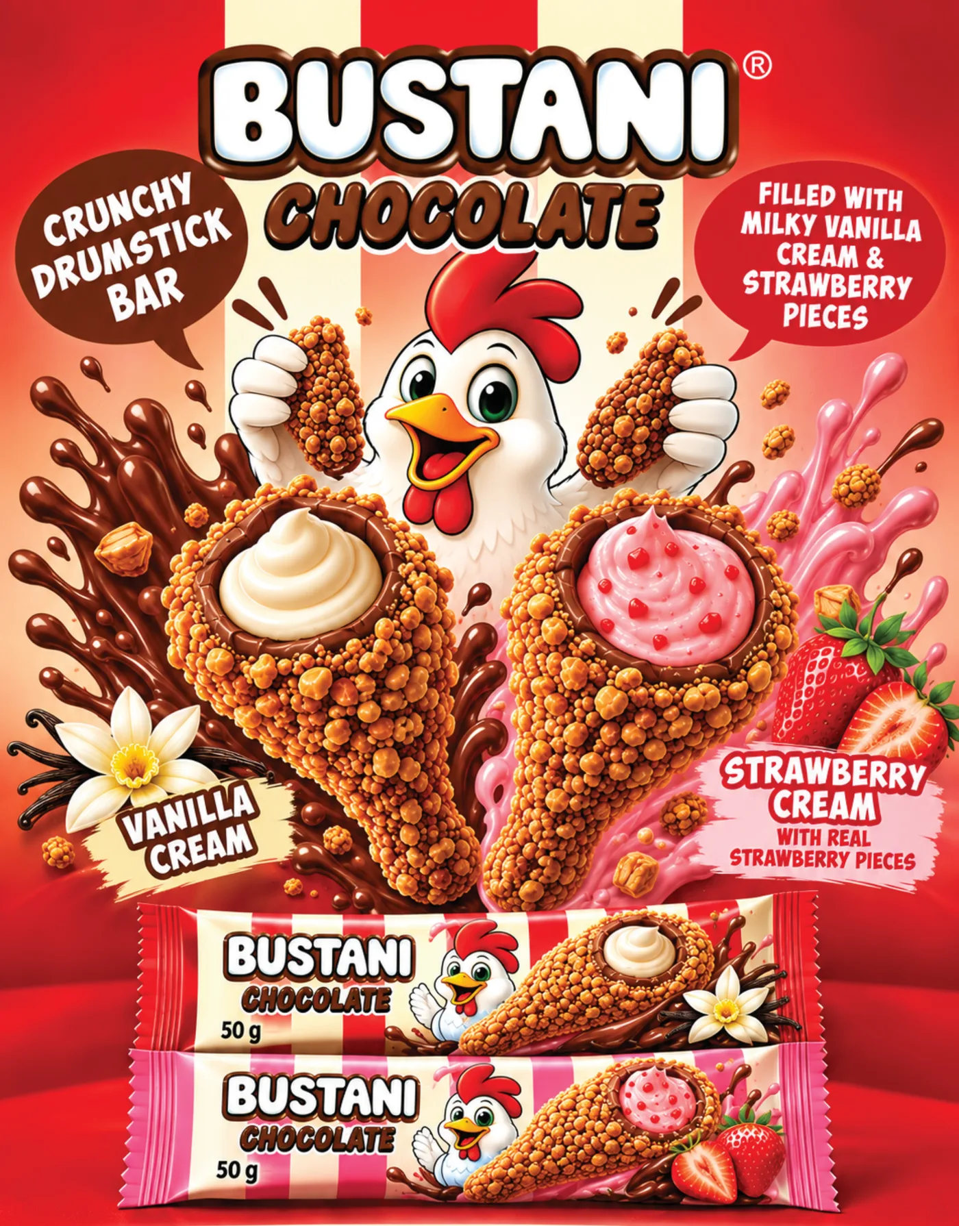 Bustani Crunchy Drumstick Bar in vanilla cream and strawberry cream